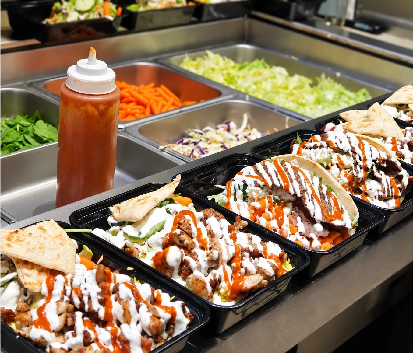 Rice boxes lined up beside fresh vegetables at our prep counter