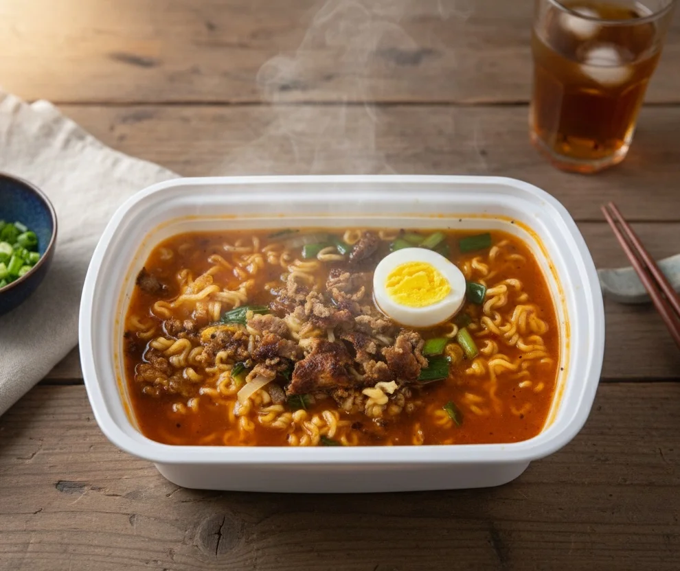 K-Spicy Steak Ramen with grilled steak, egg and green onion in a white takeaway bowl